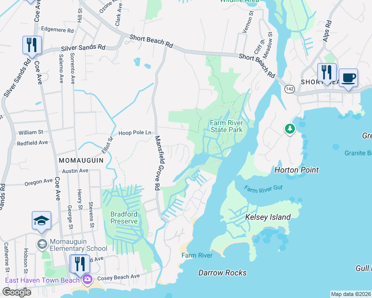 map of restaurants, bars, coffee shops, grocery stores, and more near 26 Pevetty Drive in East Haven
