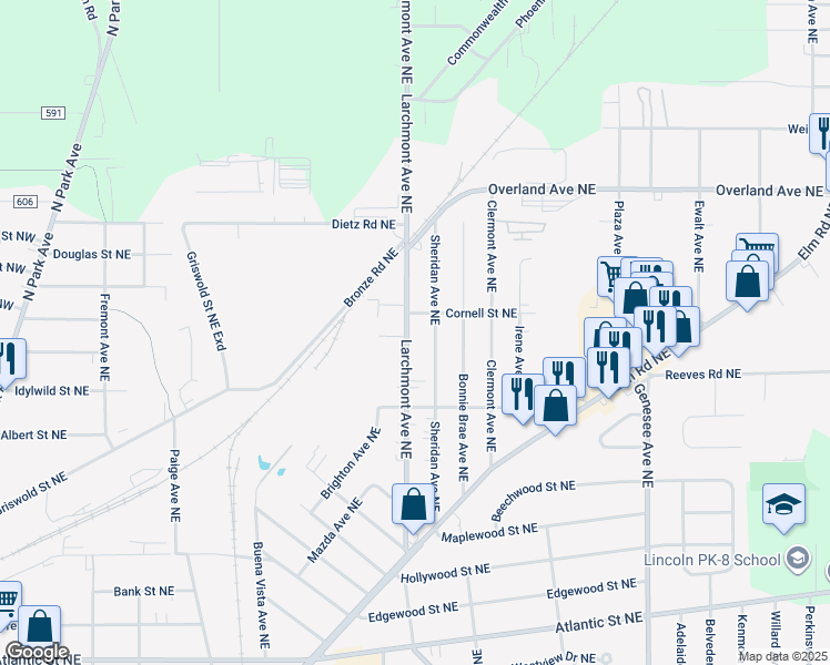 map of restaurants, bars, coffee shops, grocery stores, and more near 1863 Larchmont Avenue Northeast in Warren