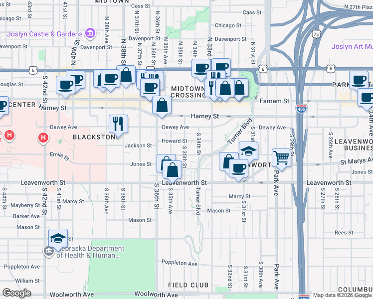 map of restaurants, bars, coffee shops, grocery stores, and more near 564 South 35th Street in Omaha