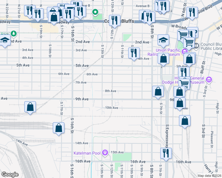 map of restaurants, bars, coffee shops, grocery stores, and more near 1200 8th Avenue in Council Bluffs