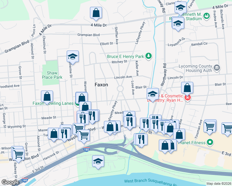 map of restaurants, bars, coffee shops, grocery stores, and more near 1301-1333 Lafayette Parkway in Williamsport