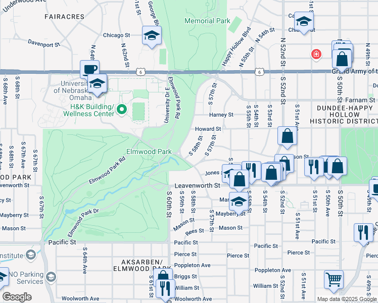 map of restaurants, bars, coffee shops, grocery stores, and more near 542 South 58th Street in Omaha