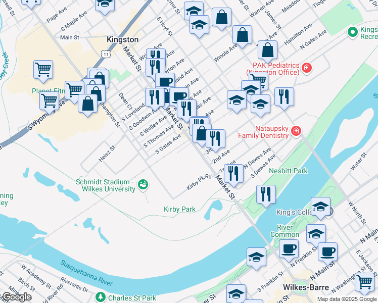 map of restaurants, bars, coffee shops, grocery stores, and more near 310 Market Street in Kingston
