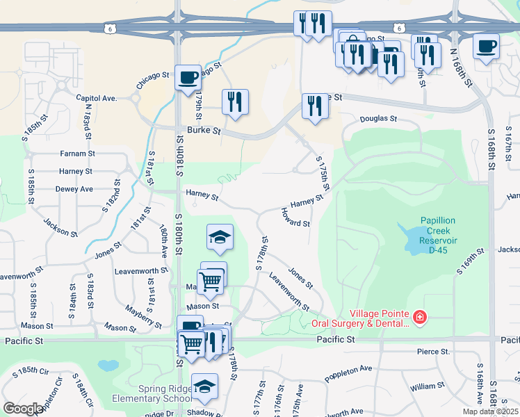 map of restaurants, bars, coffee shops, grocery stores, and more near 17811 Harney Street in Omaha
