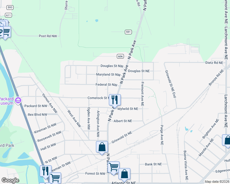 map of restaurants, bars, coffee shops, grocery stores, and more near 2039 North Park Avenue in Warren