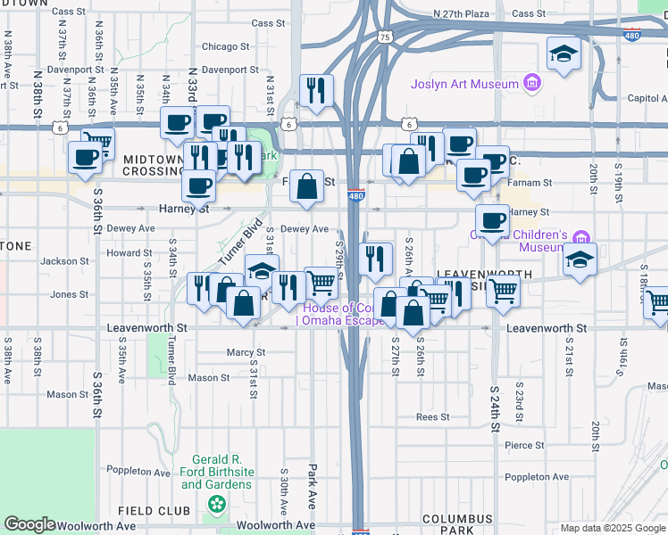 map of restaurants, bars, coffee shops, grocery stores, and more near 542 South 29th Street in Omaha