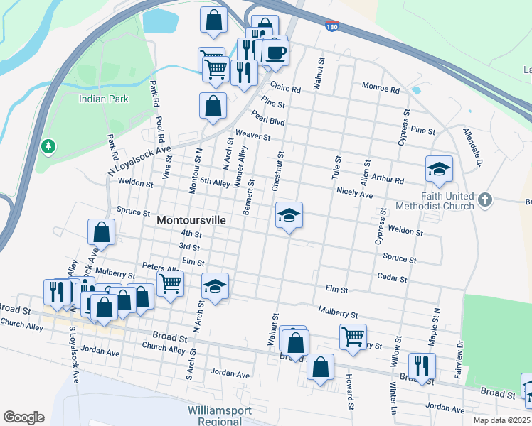 map of restaurants, bars, coffee shops, grocery stores, and more near 419 Chestnut Street in Montoursville