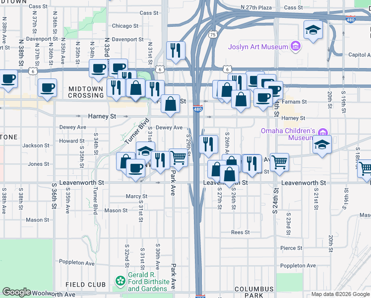 map of restaurants, bars, coffee shops, grocery stores, and more near 542 South 29th Street in Omaha