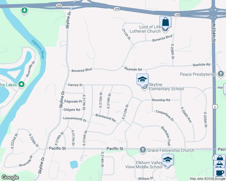 map of restaurants, bars, coffee shops, grocery stores, and more near 21390 Greenlawn Circle in Omaha