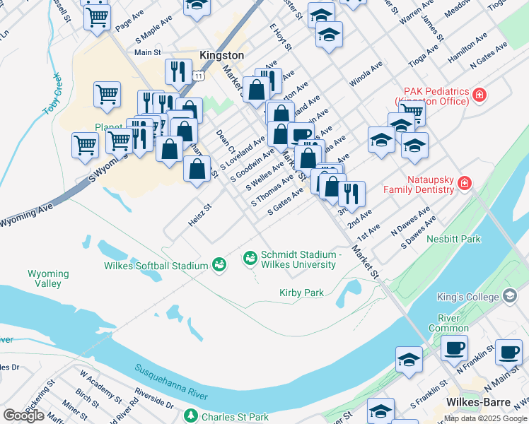 map of restaurants, bars, coffee shops, grocery stores, and more near 63-65 North Gates Avenue in Kingston
