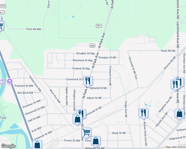 map of restaurants, bars, coffee shops, grocery stores, and more near 2039 North Park Avenue in Warren