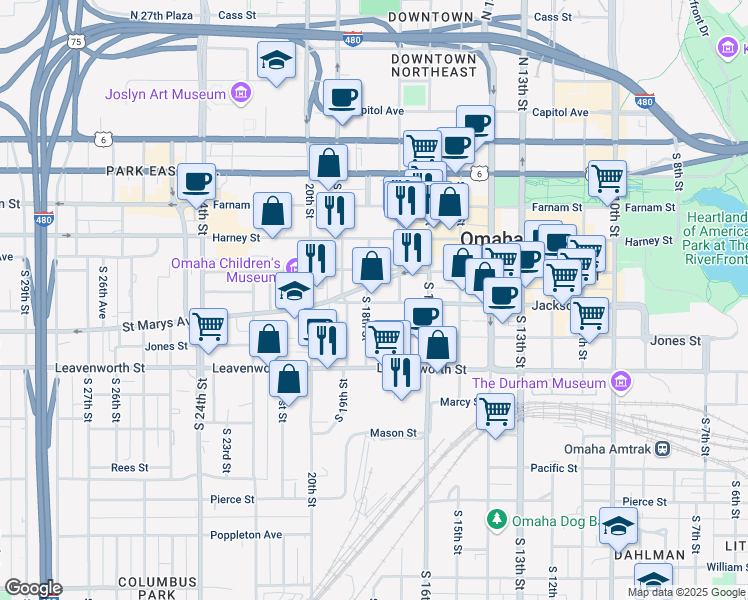 map of restaurants, bars, coffee shops, grocery stores, and more near 1760 Jackson Street in Omaha
