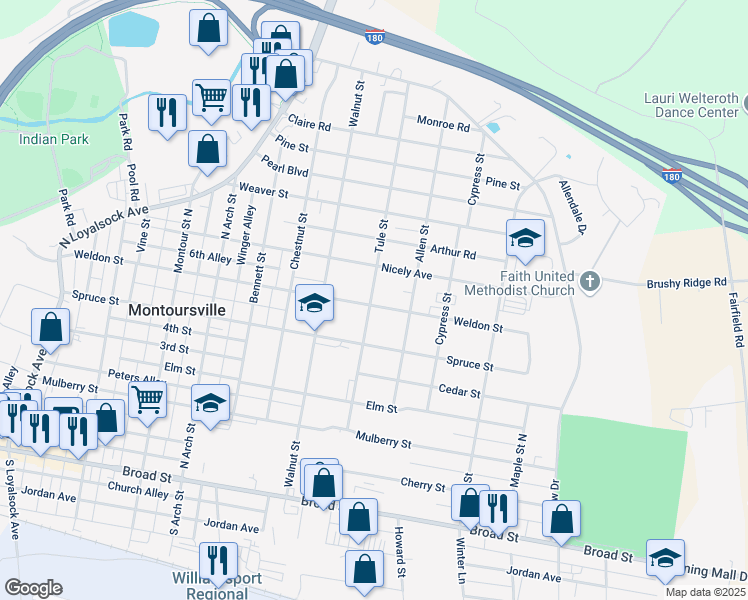 map of restaurants, bars, coffee shops, grocery stores, and more near 901-999 Weldon Street in Montoursville