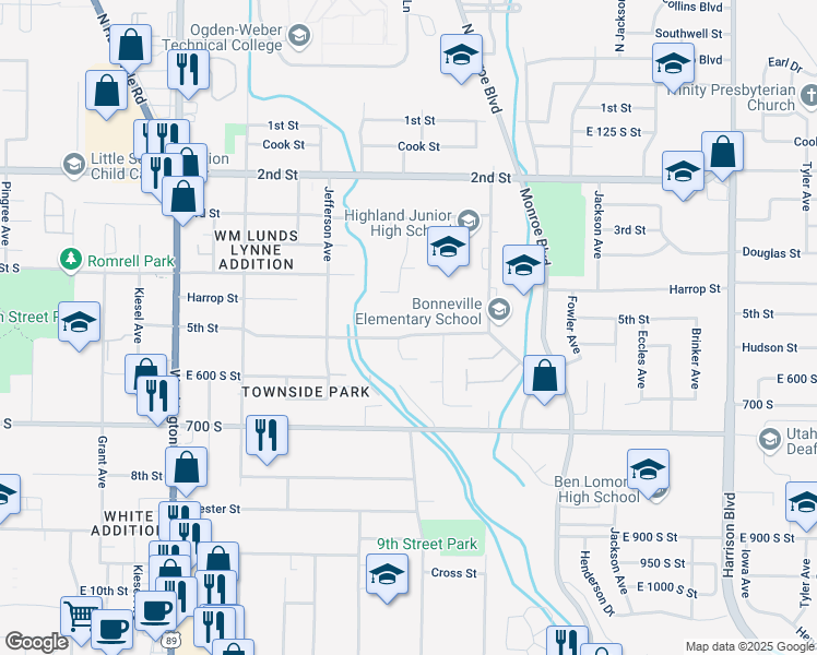 map of restaurants, bars, coffee shops, grocery stores, and more near 746 5th Street in Ogden
