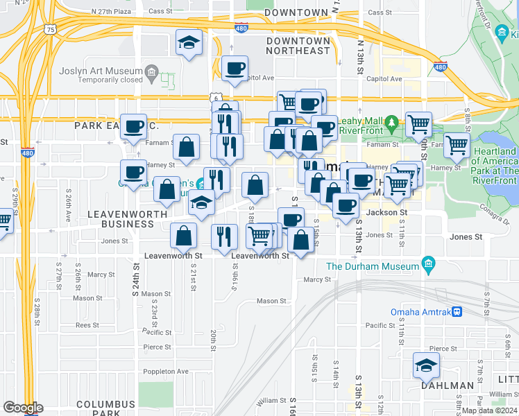 map of restaurants, bars, coffee shops, grocery stores, and more near 1798 Jackson Street in Omaha