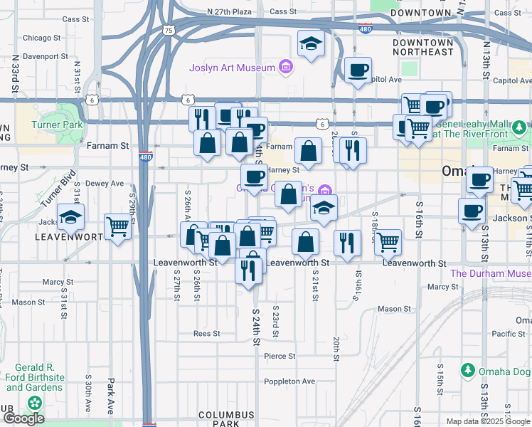 map of restaurants, bars, coffee shops, grocery stores, and more near 2228 Saint Marys Avenue in Omaha