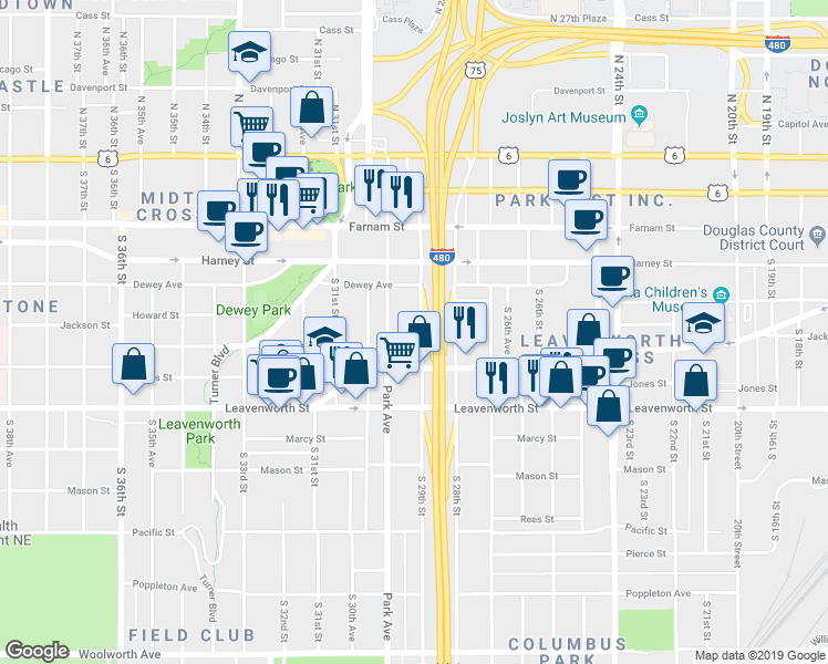 map of restaurants, bars, coffee shops, grocery stores, and more near 542 South 29th Street in Omaha