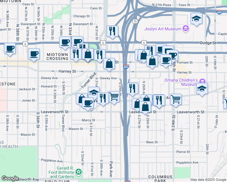 map of restaurants, bars, coffee shops, grocery stores, and more near 542 South 29th Street in Omaha