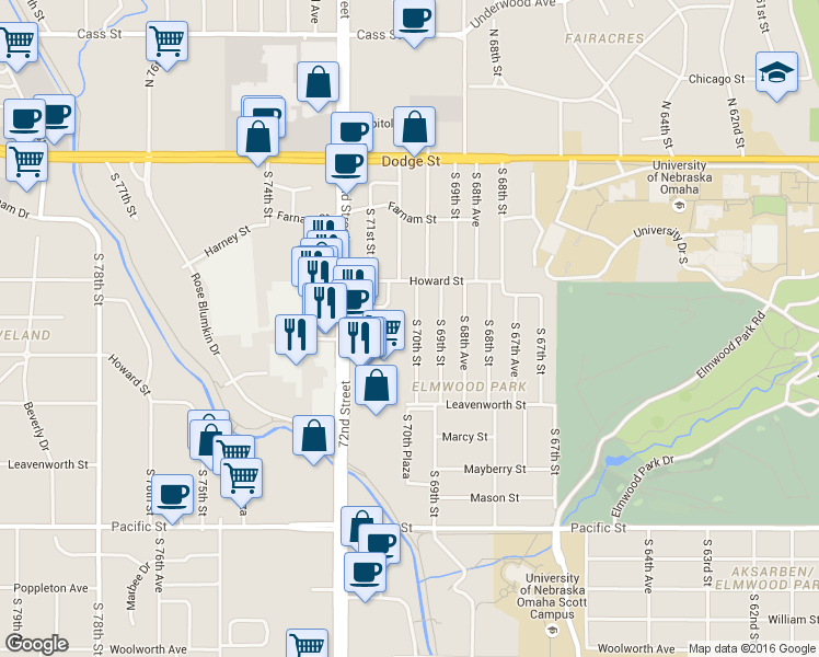 map of restaurants, bars, coffee shops, grocery stores, and more near 630 South 70th Street in Omaha