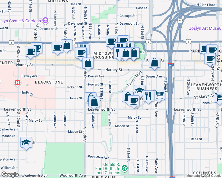 map of restaurants, bars, coffee shops, grocery stores, and more near 569 South 34th Street in Omaha