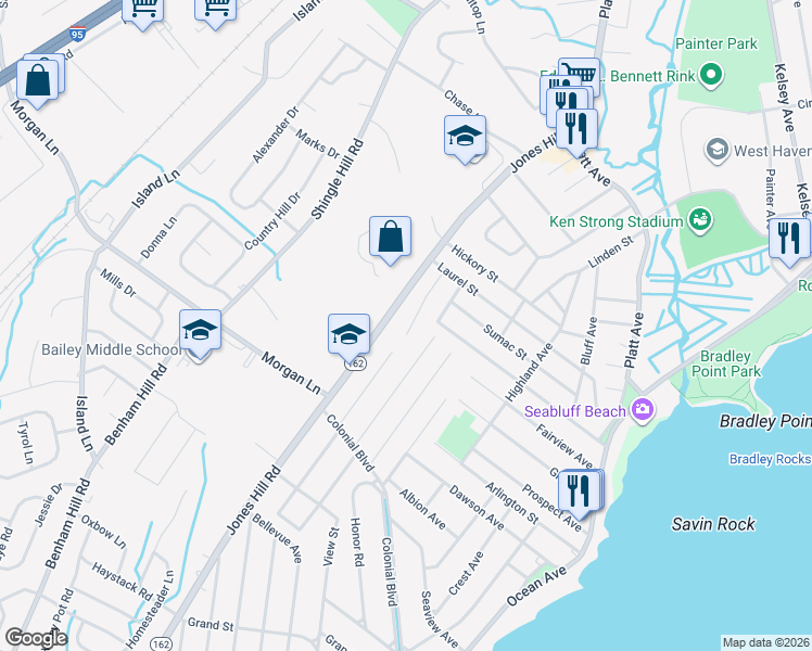 map of restaurants, bars, coffee shops, grocery stores, and more near 109 Parker Avenue East in West Haven