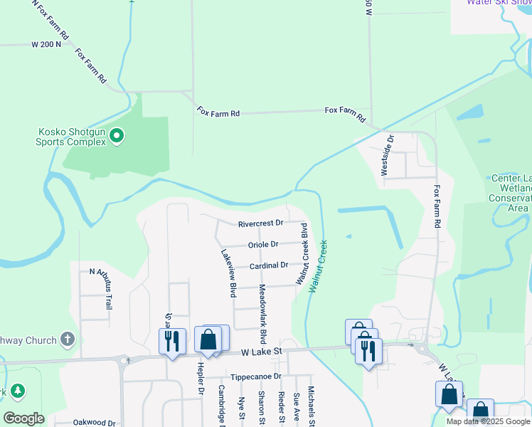 map of restaurants, bars, coffee shops, grocery stores, and more near 1316 Rivercrest Drive in Warsaw