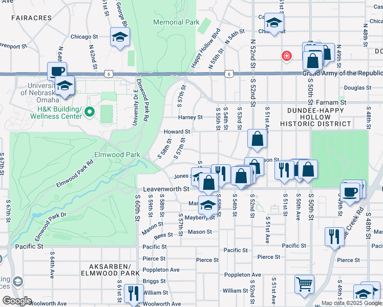 map of restaurants, bars, coffee shops, grocery stores, and more near 5605 Jackson Street in Omaha