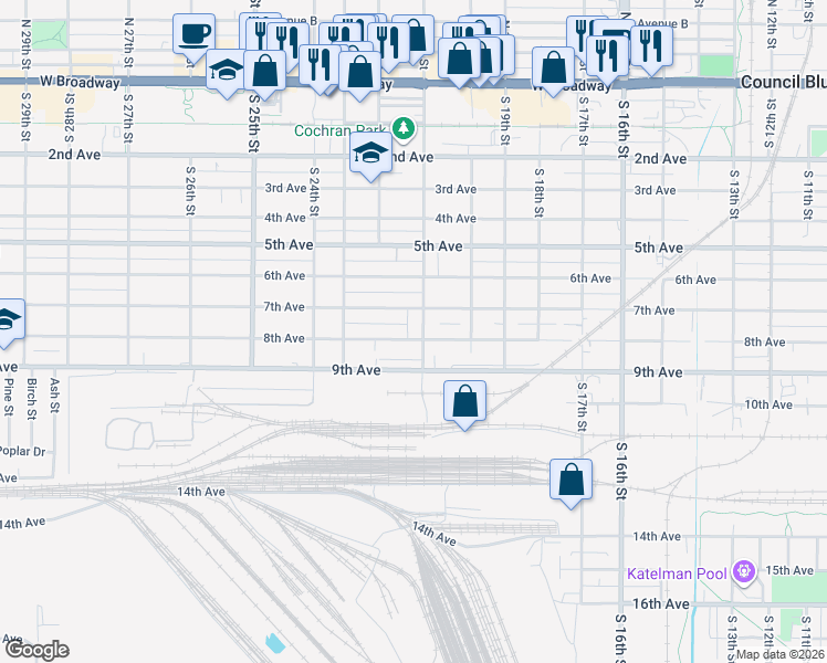 map of restaurants, bars, coffee shops, grocery stores, and more near 728 South 21st Street in Council Bluffs