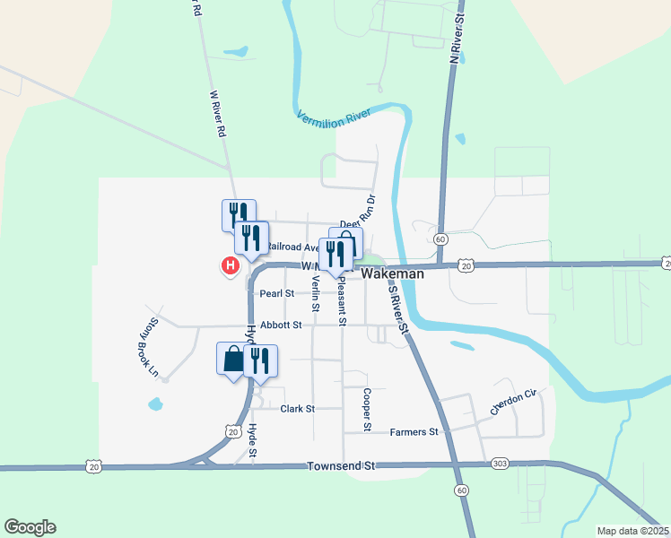map of restaurants, bars, coffee shops, grocery stores, and more near 11 West Main Street in Wakeman