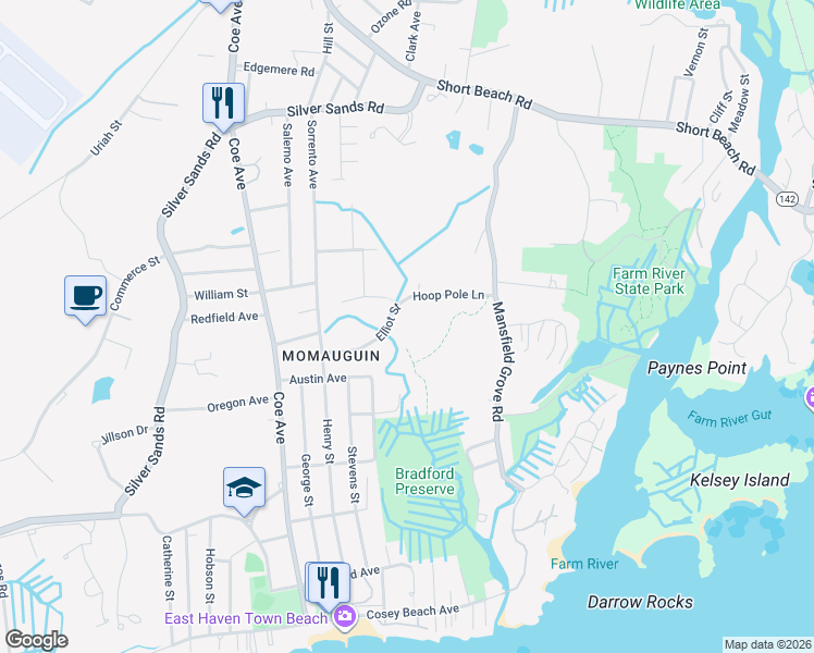 map of restaurants, bars, coffee shops, grocery stores, and more near 82 Elliot Street in East Haven