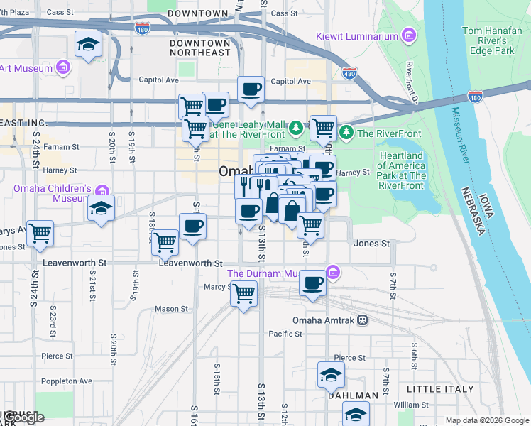map of restaurants, bars, coffee shops, grocery stores, and more near 521 South 13th Street in Omaha