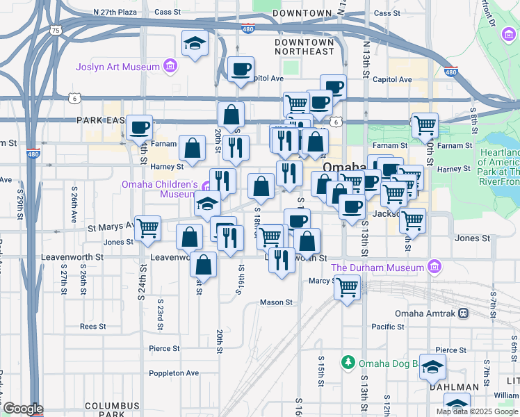 map of restaurants, bars, coffee shops, grocery stores, and more near 1798 Jackson Street in Omaha