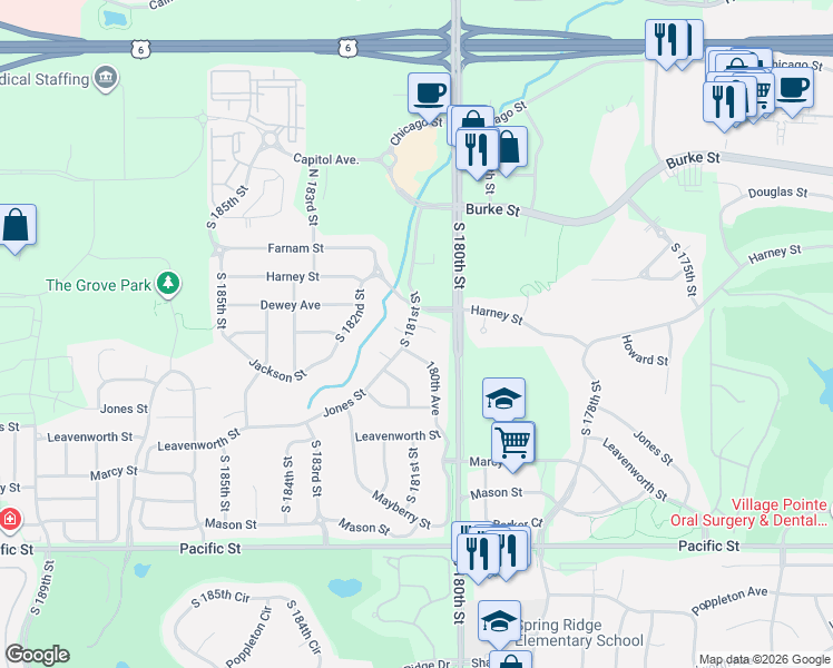 map of restaurants, bars, coffee shops, grocery stores, and more near 18025 Dewey Circle in Omaha