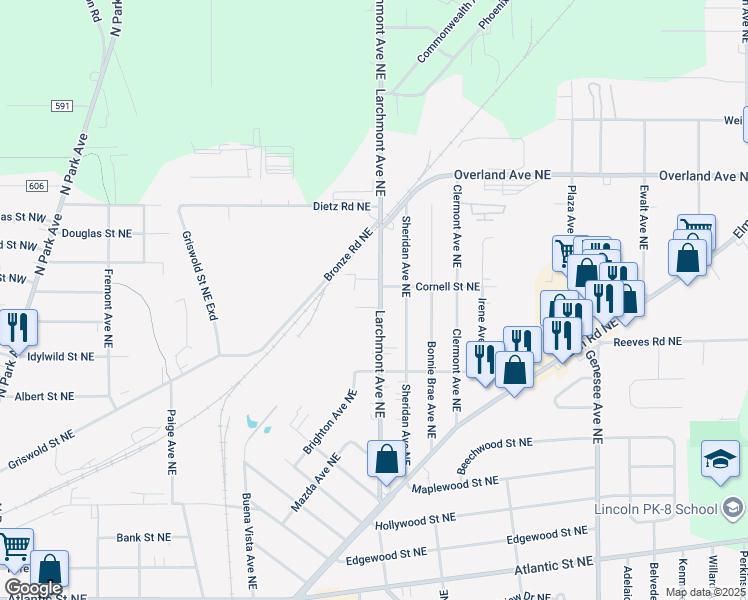 map of restaurants, bars, coffee shops, grocery stores, and more near 1863 Larchmont Avenue Northeast in Warren