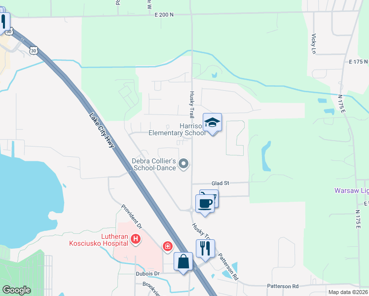 map of restaurants, bars, coffee shops, grocery stores, and more near 1303 Husky Trail in Warsaw