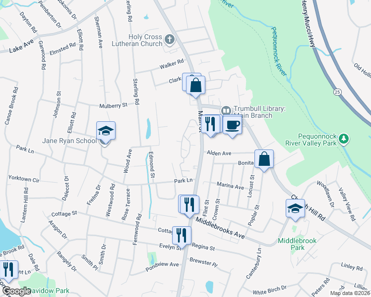 map of restaurants, bars, coffee shops, grocery stores, and more near 227 Mayfield Drive in Trumbull