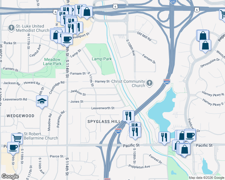 map of restaurants, bars, coffee shops, grocery stores, and more near 10906 Jackson Street in Omaha