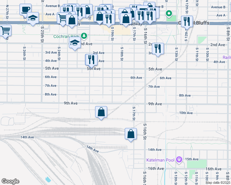 map of restaurants, bars, coffee shops, grocery stores, and more near 1802 8th Avenue in Council Bluffs
