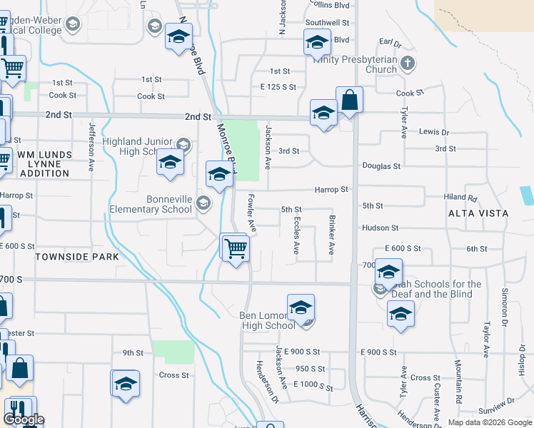 map of restaurants, bars, coffee shops, grocery stores, and more near 981 5th Street in Ogden