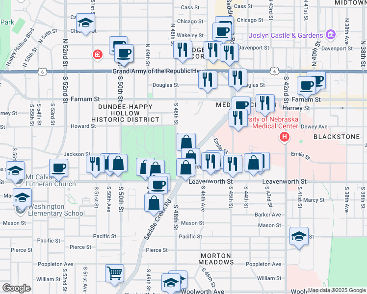 map of restaurants, bars, coffee shops, grocery stores, and more near 605 South 48th Street in Omaha