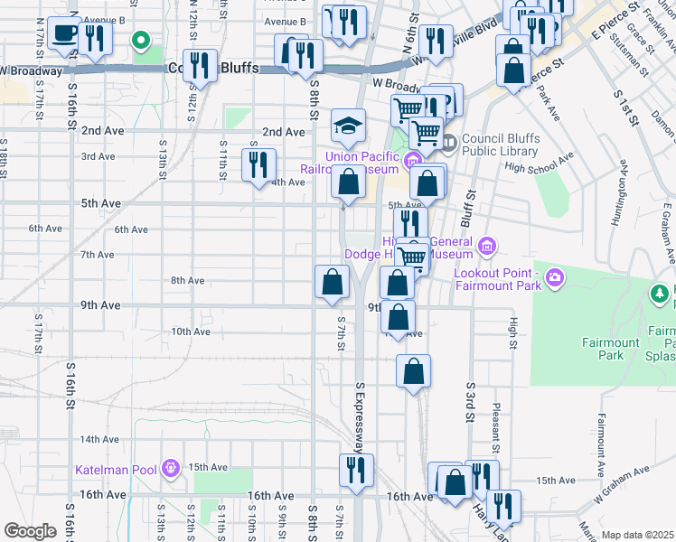 map of restaurants, bars, coffee shops, grocery stores, and more near 716 South 7th Street in Council Bluffs