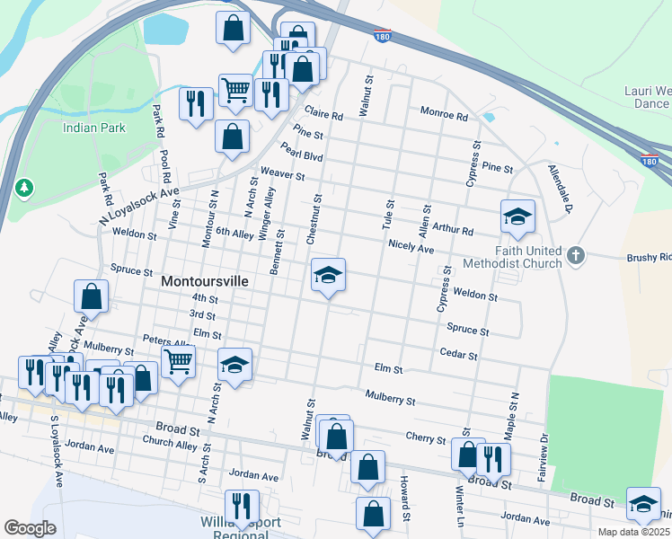 map of restaurants, bars, coffee shops, grocery stores, and more near 901 Weldon Street in Montoursville