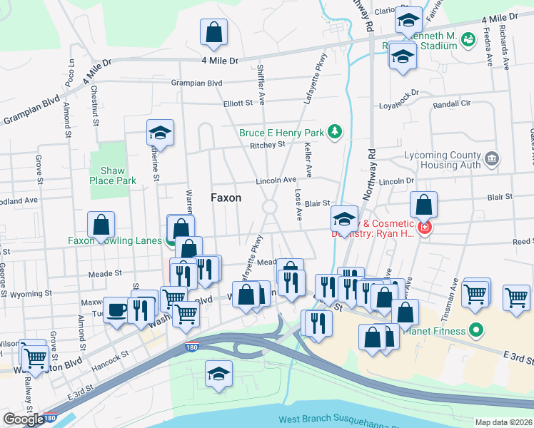 map of restaurants, bars, coffee shops, grocery stores, and more near 1333 Lafayette Parkway in Williamsport