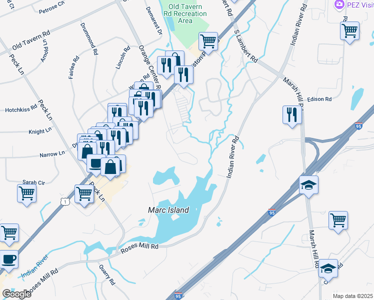map of restaurants, bars, coffee shops, grocery stores, and more near 100 South Orange Center Road in Orange