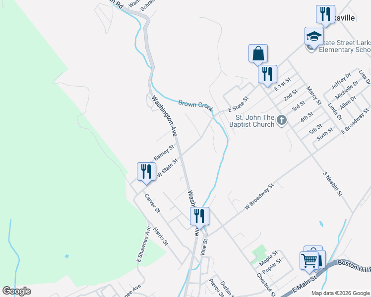 map of restaurants, bars, coffee shops, grocery stores, and more near 605 West State Street in Larksville