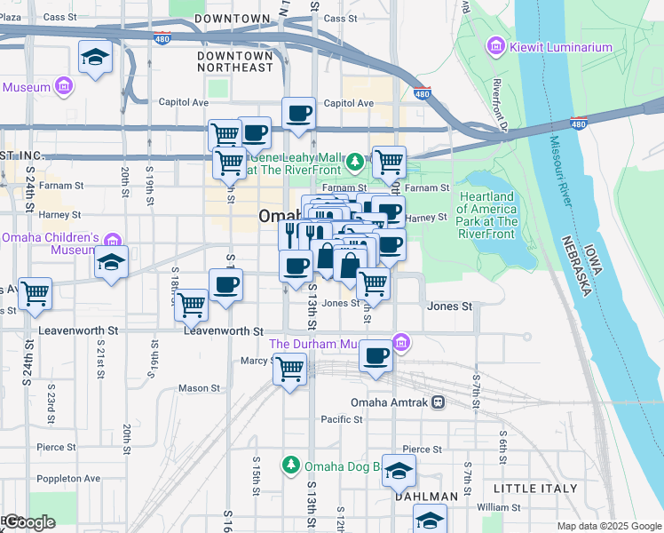 map of restaurants, bars, coffee shops, grocery stores, and more near 1210 Jackson Street in Omaha
