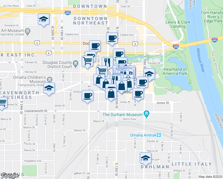 map of restaurants, bars, coffee shops, grocery stores, and more near 1308 Jackson Street in Omaha