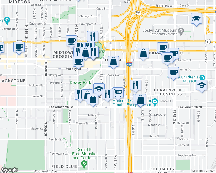 map of restaurants, bars, coffee shops, grocery stores, and more near 28 South 30th Street in Omaha