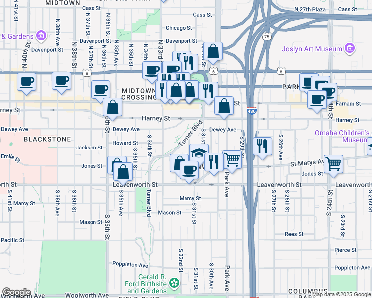 map of restaurants, bars, coffee shops, grocery stores, and more near 542 South 31st Avenue in Omaha