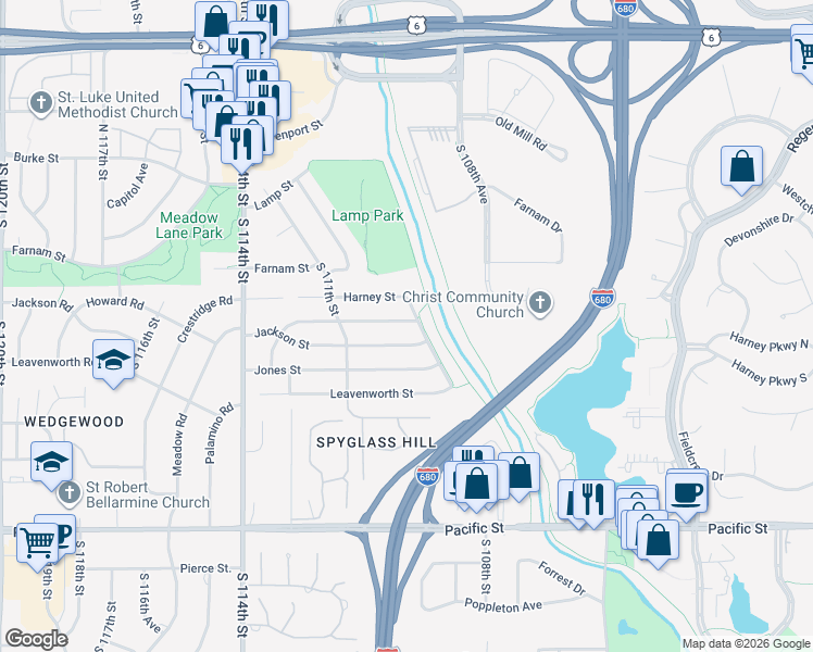 map of restaurants, bars, coffee shops, grocery stores, and more near 10906 Jackson Street in Omaha